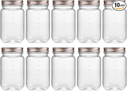 novelinks 16 oz Clear Plastic Jars with Lids, Refillable 16oz Mason Jars with Lids & Storage Containers for Kitchen & Household Use (10 Pack,Rose Gold)