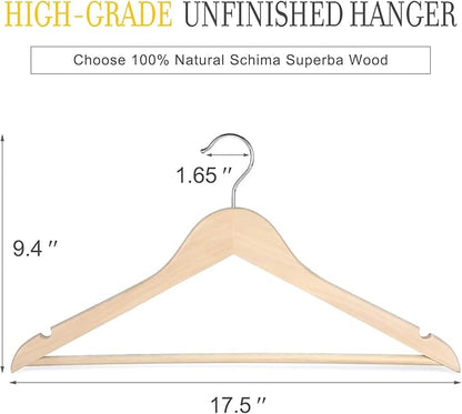 TOPIA HANGER Unfinished Natural Wooden Hangers 18 Pack-360° Swivel Hook and Smoothly Cut Shoulder Notches-Premium Wood Clothes Hangers for Suit, Coat, Jacket, Pant, Camisole-CT10N