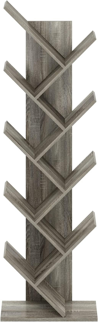 Furinno TREE Book Shelf, 9-Tier Bookshelf, Tree Bookcase with Angled Open Shelf, 8.4 x 15.7 x 50.9, Corner Shelf for Room Decor, for Living Room, Bedroom, Home Office, French Oak