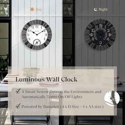 Presentime & Co 14" Illuminated in/Outdoor Clock with Smart Sensor and Night Light, Waterproof, Large Wall Clock with Thermometer, for Garden and Patio -Faux Slate.