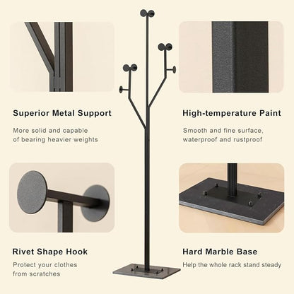 JIAYUEJU Freestanding Coat Rack Tree-shaped Metal Coat Tree with Heavy Duty Marble Base Corner Clothing Rack for Bedroom Entryway Hallway 14.96 x 10.24 x 68.9 Inches (Black)