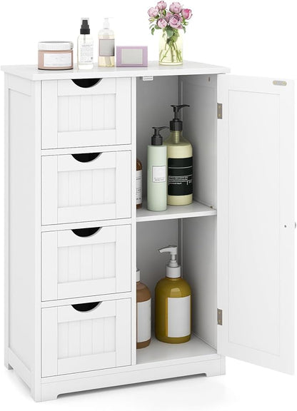 Tangkula Bathroom Floor Cabinet, Freestanding Storage Cabinet with 4 Drawers & Single Door, Adjustable Shelf, Multipurpose Bathroom Storage for Home Office, 21.5 x 12 x 32.5 Inches (White)