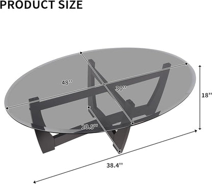 LKTART 48" Oval Glass Coffee Table with Black Tempered Glass Top Cross and Solid Wood Base Simple & Modern Center Table for Living Room Office Apartment Black