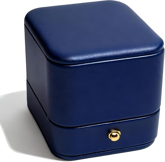 Ring Box Storage Premium Gorgeous Cherished Vintage Square Leather Velvet Ring Box Double Slots Storage, Wedding Engagement, Jewelry Ring Bearer, Anniversary (Navy Blue)
