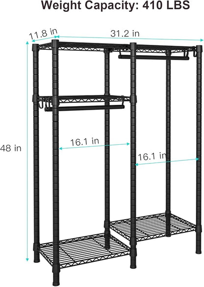 Ulif F1 Garment Rack for Kids, Baby, Students, and Children's Room, 4 Tiers Freestanding and Portable Heavy Duty Closets, Small Metal Clothes Rack with 2 Hanging Rod, 31.2" W x 11.8" D x 48" H, Black