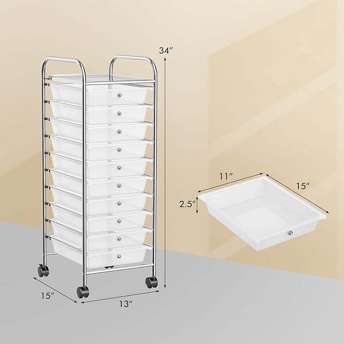 OFFICEJOY Storage Cart, Rolling Utility Cart with 10 Drawers, Portable Handles & Lockable Wheels, Mobile Paper Toys Storage Organizer Large Capacity for Home Office School Teacher (Clear)
