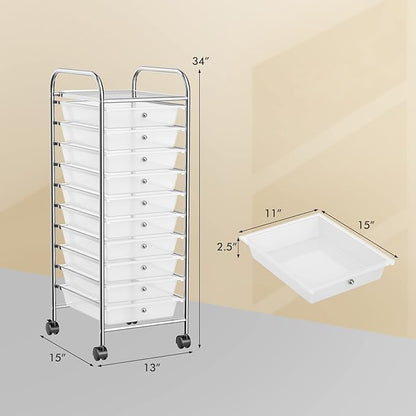 OFFICEJOY Storage Cart, Rolling Utility Cart with 10 Drawers, Portable Handles & Lockable Wheels, Mobile Paper Toys Storage Organizer Large Capacity for Home Office School Teacher (Clear)