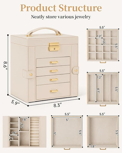 TORIBIO Jewelry Box for Women, Leather Jewelry Organizer with Mirror & Lock, 5-Tier Jewelry Storage Organizer with 4 Drawers for Girls/Women/Mothers, Necklace Earring Bracelets Holder Organizer
