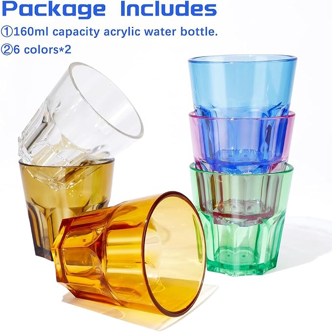 Plastic Drinking Glasses Set of 12, Unbreakable Coloured Water Tumbler, Acrylic Plastic Cups, Reusable Kids Drinking Cups for Children Kitchen Picnic Party Juice Whiskey Wine (12pc-6color-160ml/5.4oz)