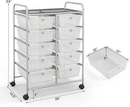 Giantex 10 Drawers Rolling Cart, Classroom Organizers, Storage Cart with Wheels, for Teacher Office Home School Supplies Tool Craft Art Paper, Clear White