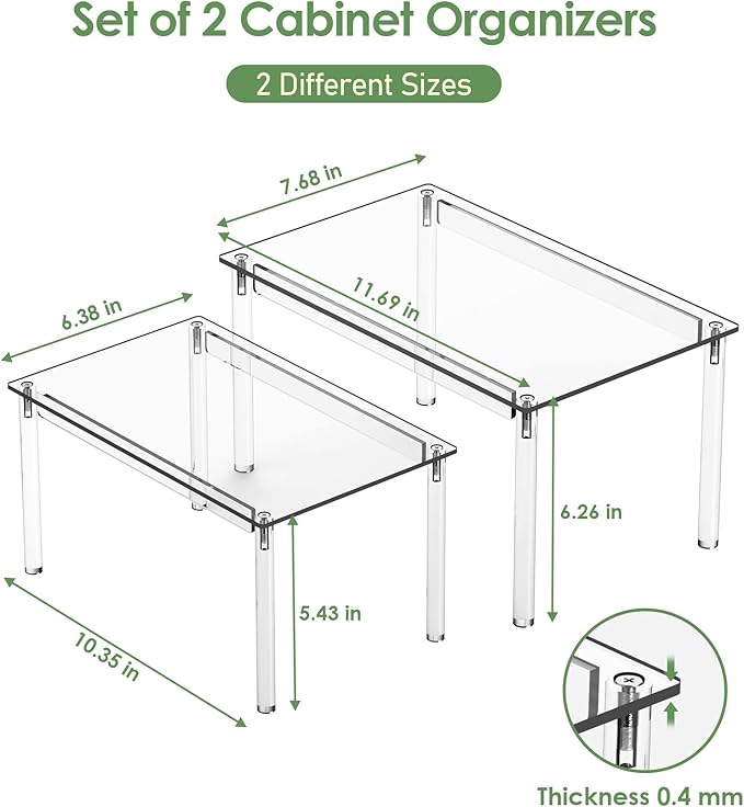 Delamu Cabinet Shelves, Clear Stackable Acrylic Storage Risers with Heavy Duty Support, Cabinet Organizer Shelf for Spices, Seasonings, Jars, Pantry, Kitchen Counter, Easy Assembly