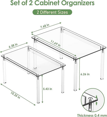 Delamu Cabinet Shelves, Clear Stackable Acrylic Storage Risers with Heavy Duty Support, Cabinet Organizer Shelf for Spices, Seasonings, Jars, Pantry, Kitchen Counter, Easy Assembly