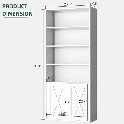Shintenchi Bookshelf, Industrial Bookshelves and Bookcases with Doors Floor Standing 6 Shelf Display Storage Shelves 70.6 inches Tall Bookcase for Home Office, Living Room (White)