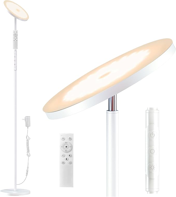 Super Bright Floor Lamp for Living Room, Stepless Dimmable LED Standing Lamp with Remote and Touch Control, 69” Tall Torchiere Corner Lamp for Bedroom Office Hotel, White