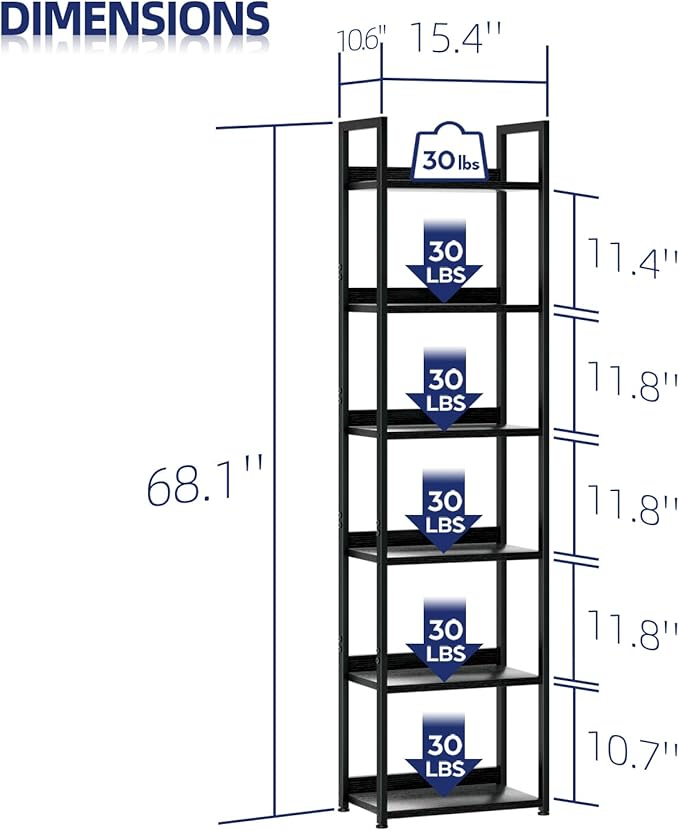NUMENN Narrow Bookshelf, 6 Tier Bookshelves, Home Office Bookcase Shelf Storage Organizer, Free Standing Storage Shelving Unit for Bedroom, Living Room and Home Office, Black