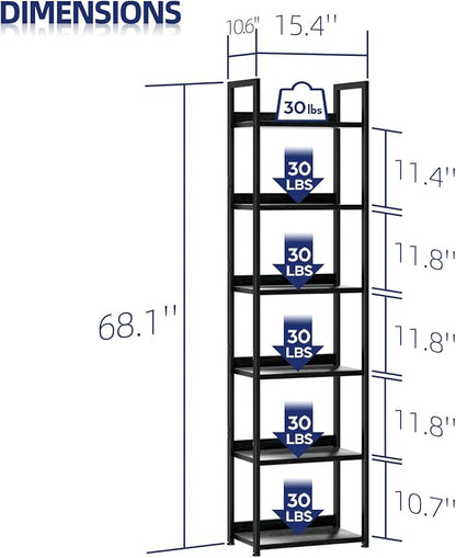 NUMENN Narrow Bookshelf, 6 Tier Bookshelves, Home Office Bookcase Shelf Storage Organizer, Free Standing Storage Shelving Unit for Bedroom, Living Room and Home Office, Black