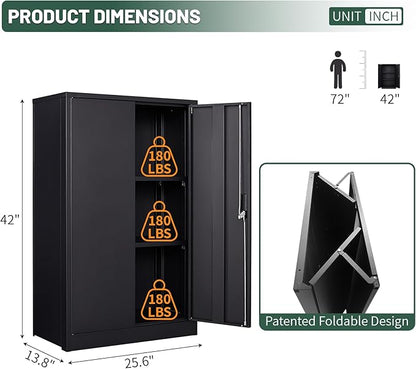 42" Folding Metal Storage Cabinet with Lock,2 Doors and 2 Adjustable Shelves,Quick Assembly Foldable Steel Cabinet for Office Home Garage,Black