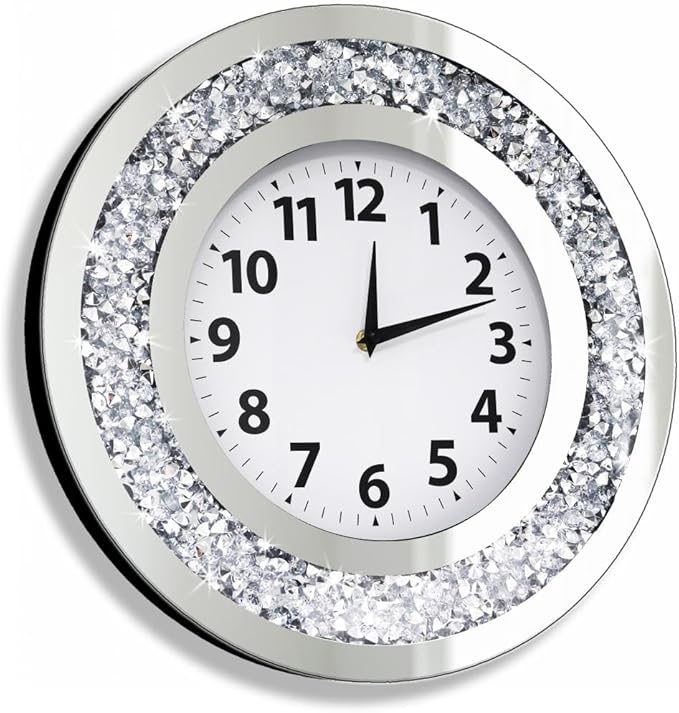 DMDFIRST Crystal Crushed Diamond Mirrored Round Wall Clock 16x16x2 inches for Wall Decoration Silver Glass Mirror Clock Sparkle Twinkle Bling Home Decor. AA Battery is not Included.