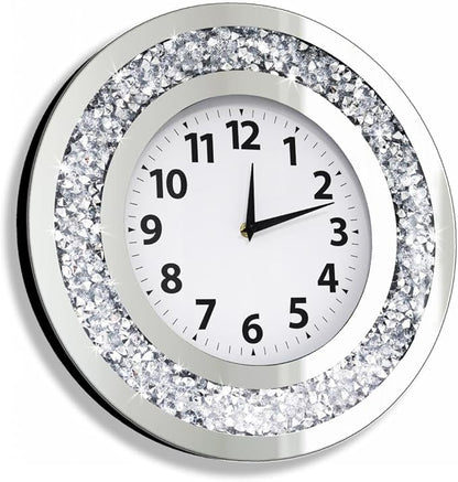 DMDFIRST Crystal Crushed Diamond Mirrored Round Wall Clock 16x16x2 inches for Wall Decoration Silver Glass Mirror Clock Sparkle Twinkle Bling Home Decor. AA Battery is not Included.