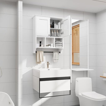 Over-The-Toilet Bathroom Storage Cabinet with Towel Bar, Space-Saving Wall Mounted Medicine Cabinet , 2 Doors & 1 Adjustable Shelf, Easy Install White Finish for Bathroom, Kitchen, Living Room