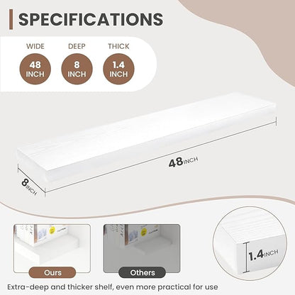Acovy 48 Inch Floating Shelves, 8 Inch Deep Floating Shelves for Wall, Hanging Shelf with Invisible Brackets, Deep Shelves for Bathroom, Bedroom, Living Room, White, Set of 2