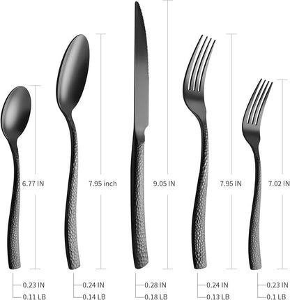 Kelenfer Silverware 45-Piece Matte Black Hammered Flatware Set with Serving Utensils, Stainless Steel Thick Handle Matte Polished Cutlery Set for Wedding Hotel Restaurant, Service for 8