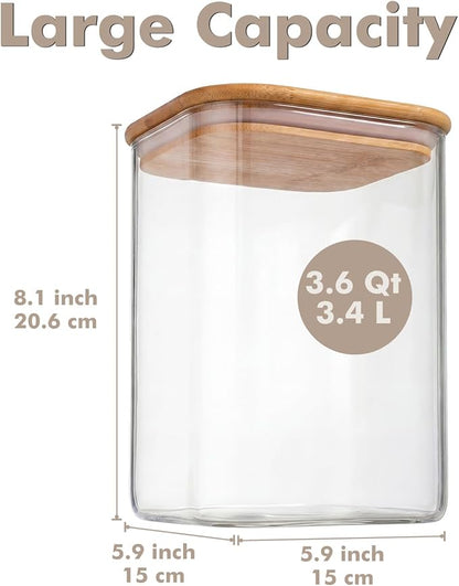 3.4Qt Large Glass Flour Sugar Storage Container with Bamboo Lid | Wide Mouth Design, With Measuring Cup, Minimalist Kitchen Organizer,Scandinavian Style Storage,Nordic Style Storage