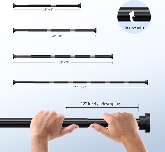 Mcrbeay Shower Curtain Rod, 1" Diameter Heavy Duty Tension Shower Rod, Non Slip Adjustable 28-102 inch No Drilling Shower Curtain Rods Spring Tension For Bathroom, Shower Stall, No Rust, Black