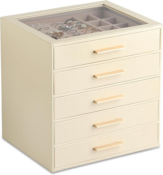 Frebeauty Clear Lid Jewelry Box,5-Layer Jewelry Organizer with Drawer,PU Leather Jewelry Organizers and Storage,Jewelry Boxes for Women,Jewelry Storage for Rings Earring Stud,Gift for Women(Beige)