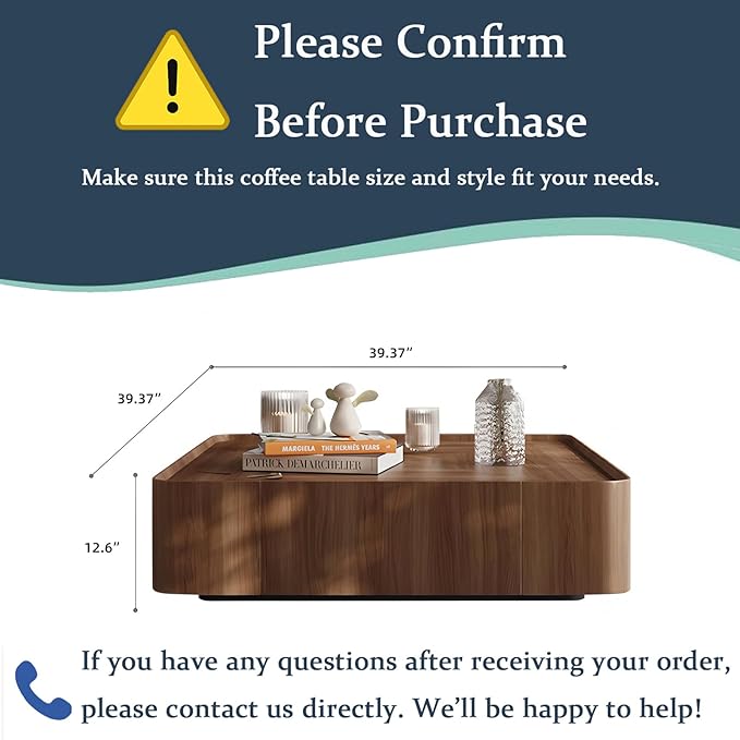 Luxury Wood Coffee Table with Hidden Drawer, Easy Installation Square Center Table for Living Room, Raised Edge Design, Premium Walnut Finish (39.37" Square Coffee Table)
