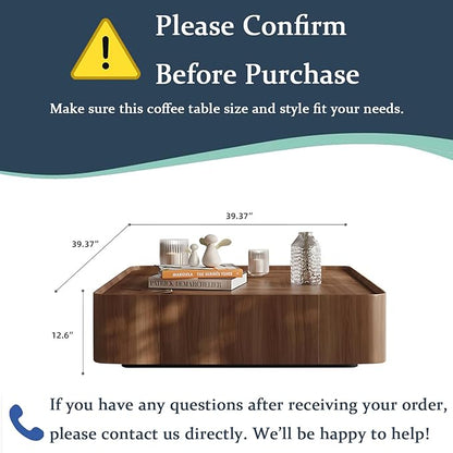 Luxury Wood Coffee Table with Hidden Drawer, Easy Installation Square Center Table for Living Room, Raised Edge Design, Premium Walnut Finish (39.37" Square Coffee Table)
