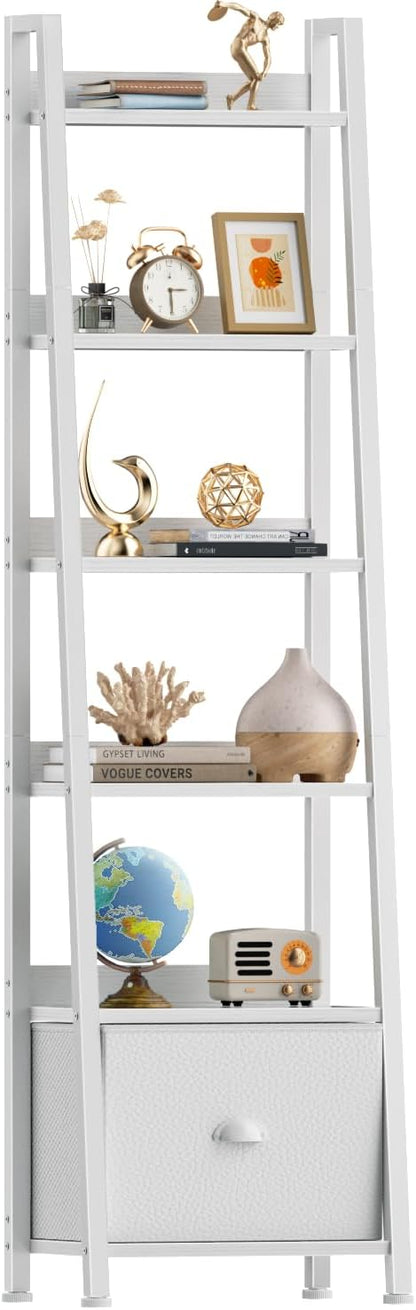 Furologee 6 Tier Ladder Shelf,Ladder Bookshelf with Drawer,Modern Tall Bookcase,Storage Rack Organizer,Wood Metal Freestanding Shelves for Living Room, Home Office, Bedroom, White