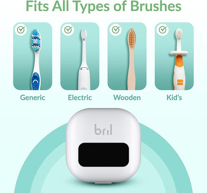 Bril UV-C Toothbrush Sanitizer and Holder – Wall Mounted, Rechargeable, 30-Day Battery, Magnetic Mount, Fits Electric and Manual Brushes, Portable Travel Case, Auto-Shutoff – White