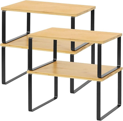 NEX Cabinet Organizer Shelf Set of 4, Stackable Kitchen Counter Shelves, Expandable Spice Rack Pantry Organizers, Bathroom Cupboard Storage Desk Riser, Bamboo and Metal, Black