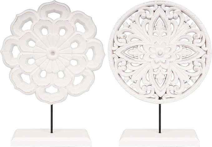 AXEARTE 2 Pack Wooden Carved Cutout Flower Medallion Sculpture, Rustic Distressed White MDF Statues Home Tabletop Decor, Decorative Ornaments for Living Room, Bedroom, Office Desktop, Cabinets