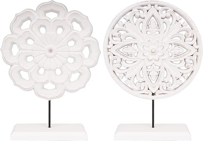 AXEARTE 2 Pack Wooden Carved Cutout Flower Medallion Sculpture, Rustic Distressed White MDF Statues Home Tabletop Decor, Decorative Ornaments for Living Room, Bedroom, Office Desktop, Cabinets