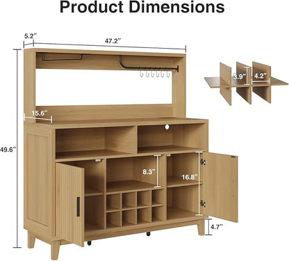 Fluted Buffet Cabinet with Storage, Modern Coffee Bar Cabinet with Outlet, Removable Wine Rack, Multi-Functional Accent Liquor Cabinet for Living Room, Entryway, Kitchen, Natural