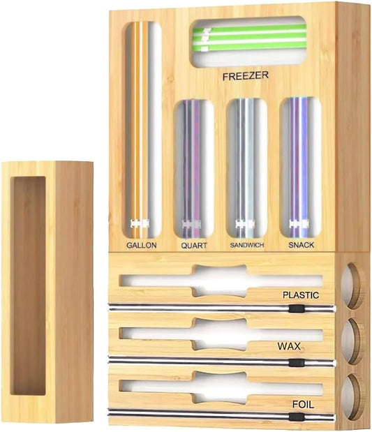 Storage Bag Organizer for Kitchen Drawer, Foil and Plastic Wrap with Cutter, Organizers Compatible Gallon, Quart, Sandwich Snack Size 9 in 1