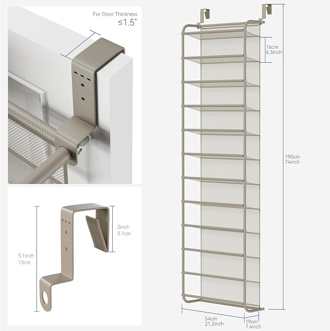 Whitmor 36 Pair Over The Door Shoe Organizer, 12 Tier Hanging Shoe Organizer, Heavy Duty Metal & Mesh Shoe Holder, Hanging Shoe Rack for Closet Organizer & Storage, 74" L x 21.7" W x 7.5" H, Mocha