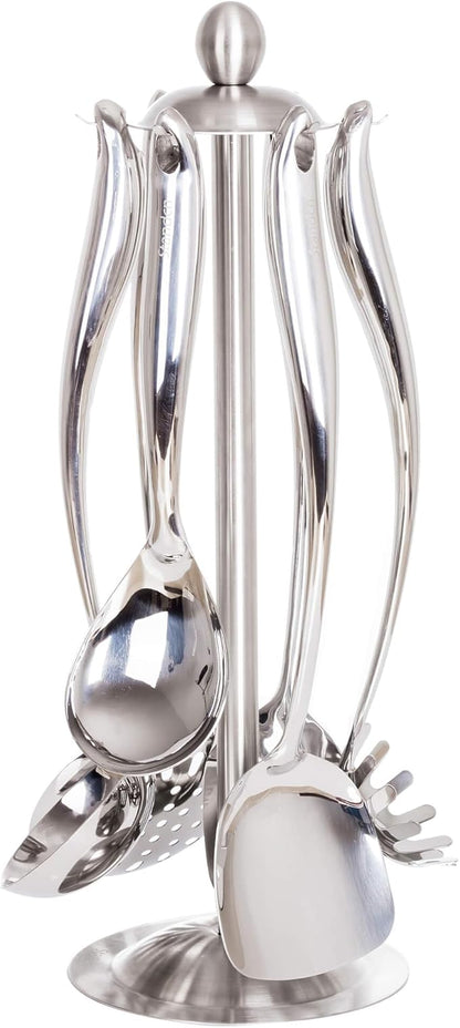 18/10 Stainless Steel Cooking Utensils Set with Holder, 7-Pieces All Metal Kitchen Utensils, 15’’ Long Kitchen Tools with Countertop Rotating Stand, Spatula, Ladle, Skimmer, Tunner, Pasta, Large Spoon