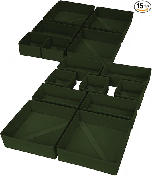 DIMJ Drawer Organizer Clothes, 15 Pack Dresser Organizer, Foldable Closet Organizers and Storage, Fabric Dresser Bins, Drawer Dividers for Nursery, Baby Clothes, Underwears, Sock (Green)