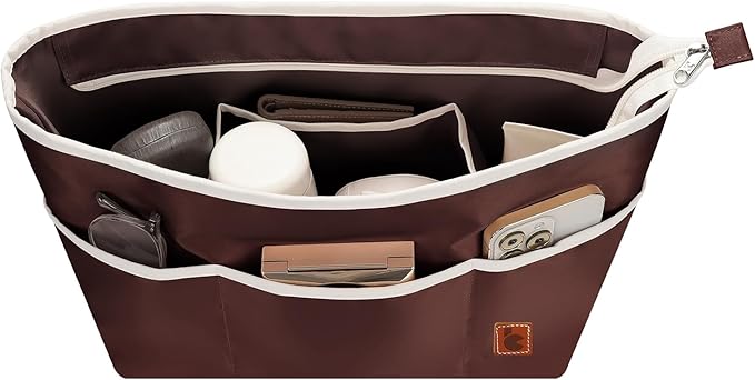 SDANG Purse Organizer Insert with Zipper – Pink Handbag & Tote Bag Organizer | Bag-in-Bag Insert with Pockets for Purses, Totes & Travel(Brown,Large 30)