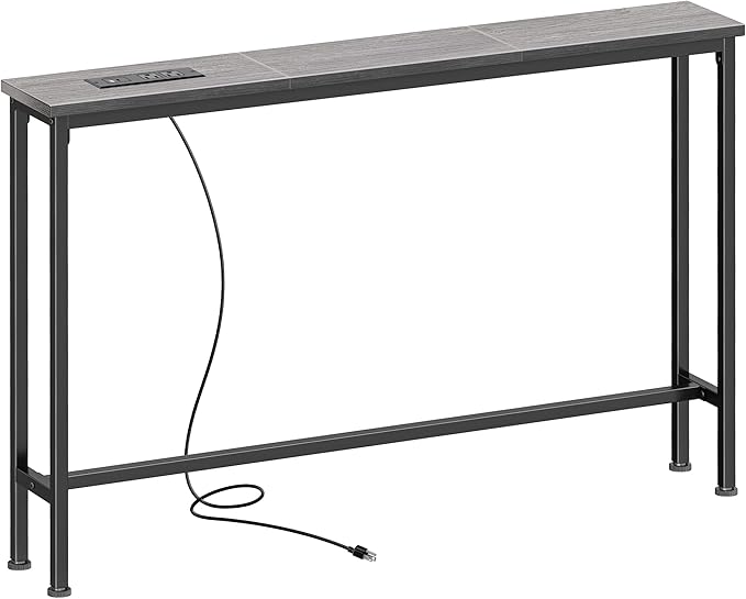 SUPERJARE 5.7 Inch Console Table with Outlet, Sofa Table, Behind Couch Table, 5.7 x 39.4 x 29.7 Inches, Metal Frame, Charging Station, Charcoal Gray