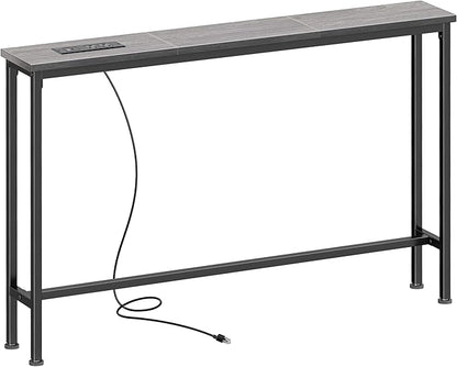 SUPERJARE 5.7 Inch Console Table with Outlet, Sofa Table, Behind Couch Table, 5.7 x 39.4 x 29.7 Inches, Metal Frame, Charging Station, Charcoal Gray