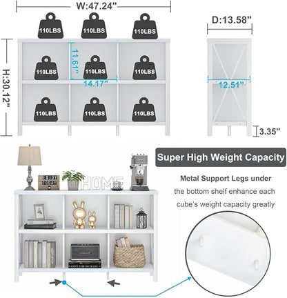 FATORRI 6 Cube Storage Organizer with Shelf, 47 Inch Long Horizontal Bookshelf, Wood and Metal Cube Bookcase, Low Book Shelf for Living Room, Home Office (White Oak)
