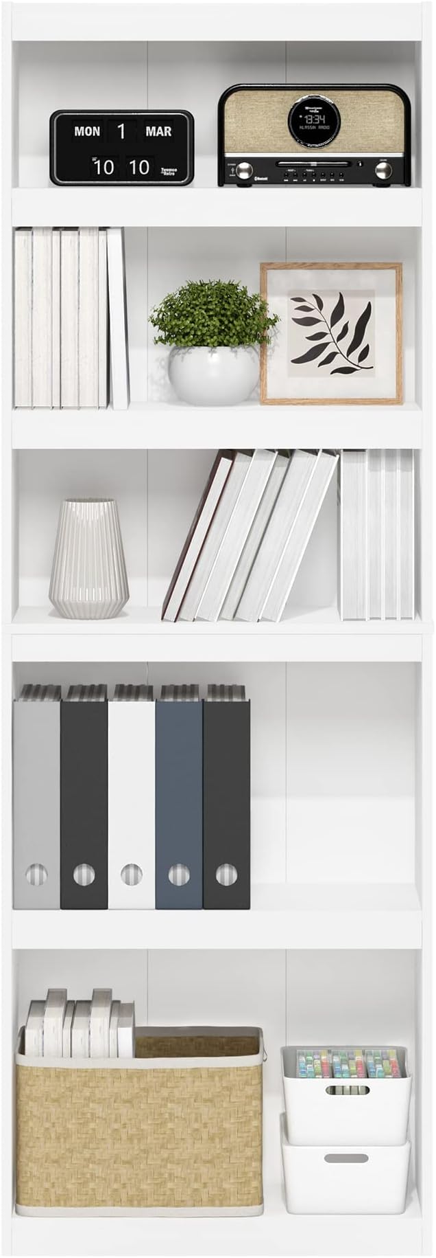 Furinno JAYA Book Shelf, 5-Tier Bookshelf, Enhanced Home Bookcase with Adjustable shelf, 9.5" x 24.5" x 71.1", for Organization and Storage, for Living Room, Bedroom, Home Office, White