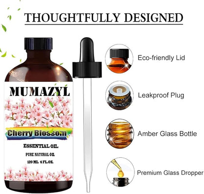 Cherry Blossom Essential Oil, Cherry Blossom Oil 4 Fl Oz 120ML for Diffuser Humidifier Yoga Cleaning DIY Candle Soap Making MUMAZYL Essential Oils