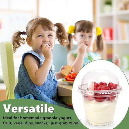 Zezzxu 50 Pack 9 oz Disposable Parfait Cups with Dome Lids No Hole, Toppings Compartment and Spork, Yogurt Conatiner with Granola Holder for Take Away Breakfast and Snacks, No Leaking