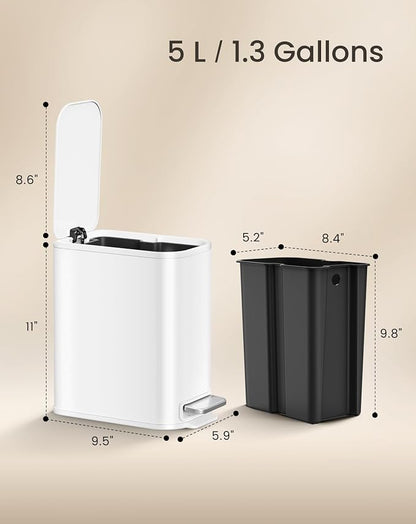 Cesun Small Bathroom Trash Can with Lid Soft Close, Step Pedal, 5 Liter / 1.3 Gallon Stainless Steel Garbage Can with Removable Inner Bucket, Waste Basket for Bathroom, Bedroom (White)