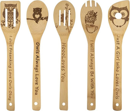5PCS Owl Wooden Cooking Spoons,Owl Gifts,Owl Kitchen Gifts,Owl Gift,Cat Mom Gifts,Owl Decor,Owl Gifts for Owl Lovers,Owl Gifts for Women,Bamboo Cooking Spoons Housewarming Wedding Cooking